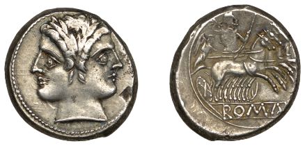 Roman Republican Coinage, Anonymous, Quadrigatus, c. 225-15, laureate Janiform head within b...
