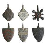 13th-14th century, heraldic pendants (6): De Bohun family with six lions rampant with a slop...