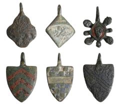 13th-14th century, heraldic pendants (6): De Bohun family with six lions rampant with a slop...