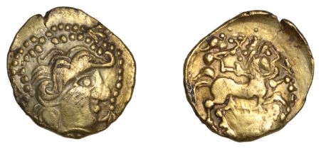 ARMORICA, Veneti, gold Quarter-Stater, c. 150-100 BC, stylised head right with radial, serpe...