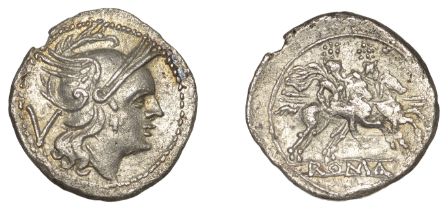 Roman Republican Coinage, Anonymous, Quinarius, c. 211-210, head of Roma right, wearing Phry...