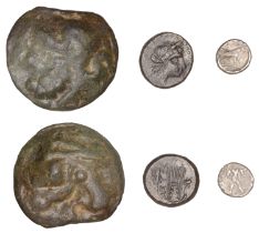 Greek Coinages, LUCANIA, Poseidonia, Diobol, c. 410-350, Poseidon standing right, casting tr...