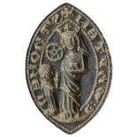 Late 13th century, bronze seal matrix, pointed oval, 27mm x 17mm, St Catherine standing, hol...