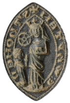 Late 13th century, bronze seal matrix, pointed oval, 27mm x 17mm, St Catherine standing, hol...