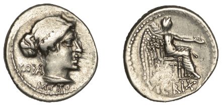 Roman Republican Coinage, M. Cato, Denarius, c. 89, draped bust of female deity right with h...