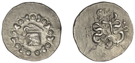 Greek Coinages, MYSIA, Pergamon, Cistophoric Tetradrachm, 85-75, cista mystica with serpent...