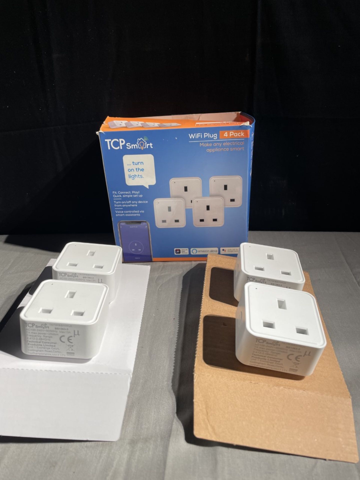 1x new box of TCP Smart Wi-Fi plugs. Box contains 4 plugs