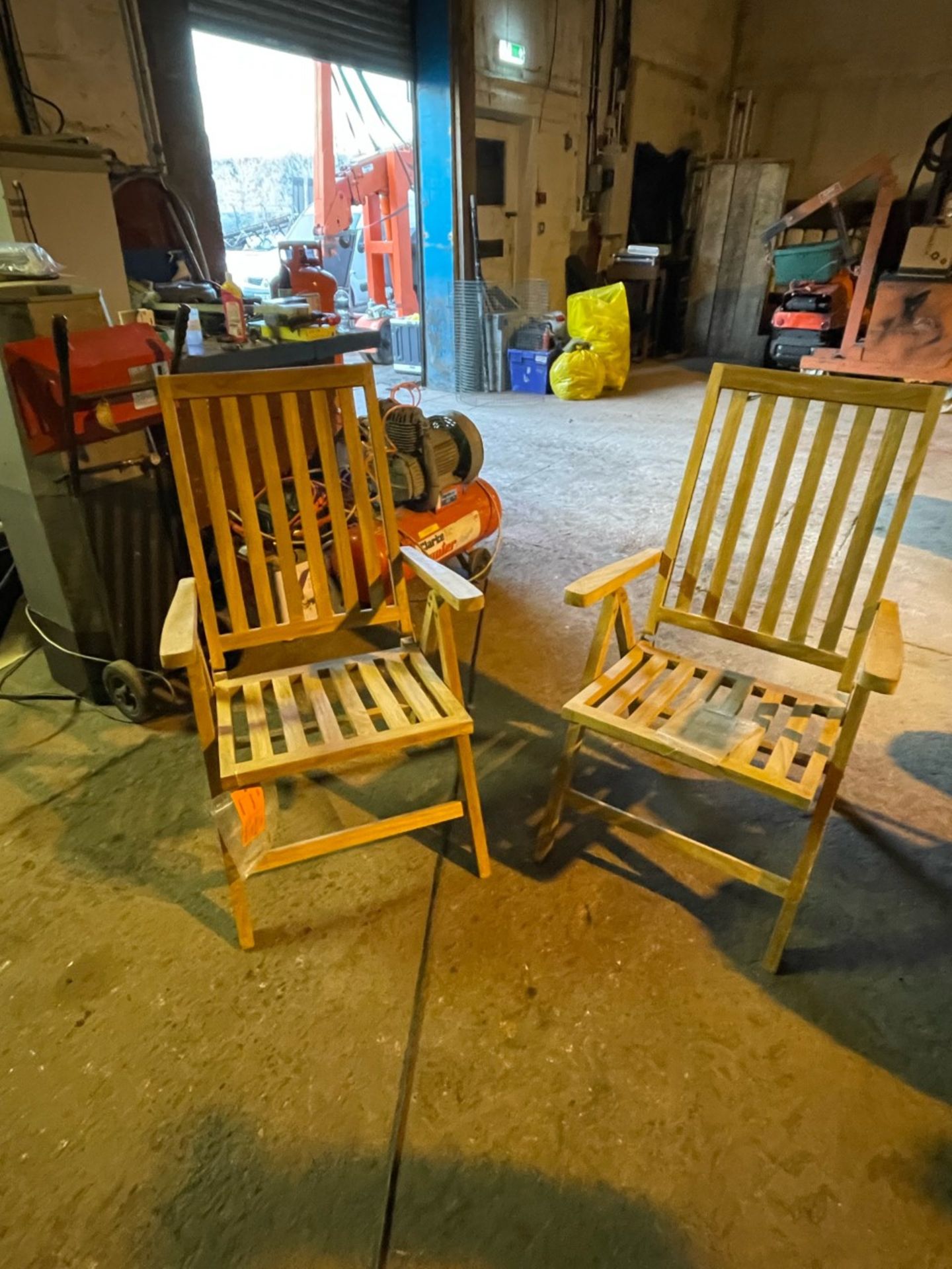 Set of 2 new teak folding reclining armchairs