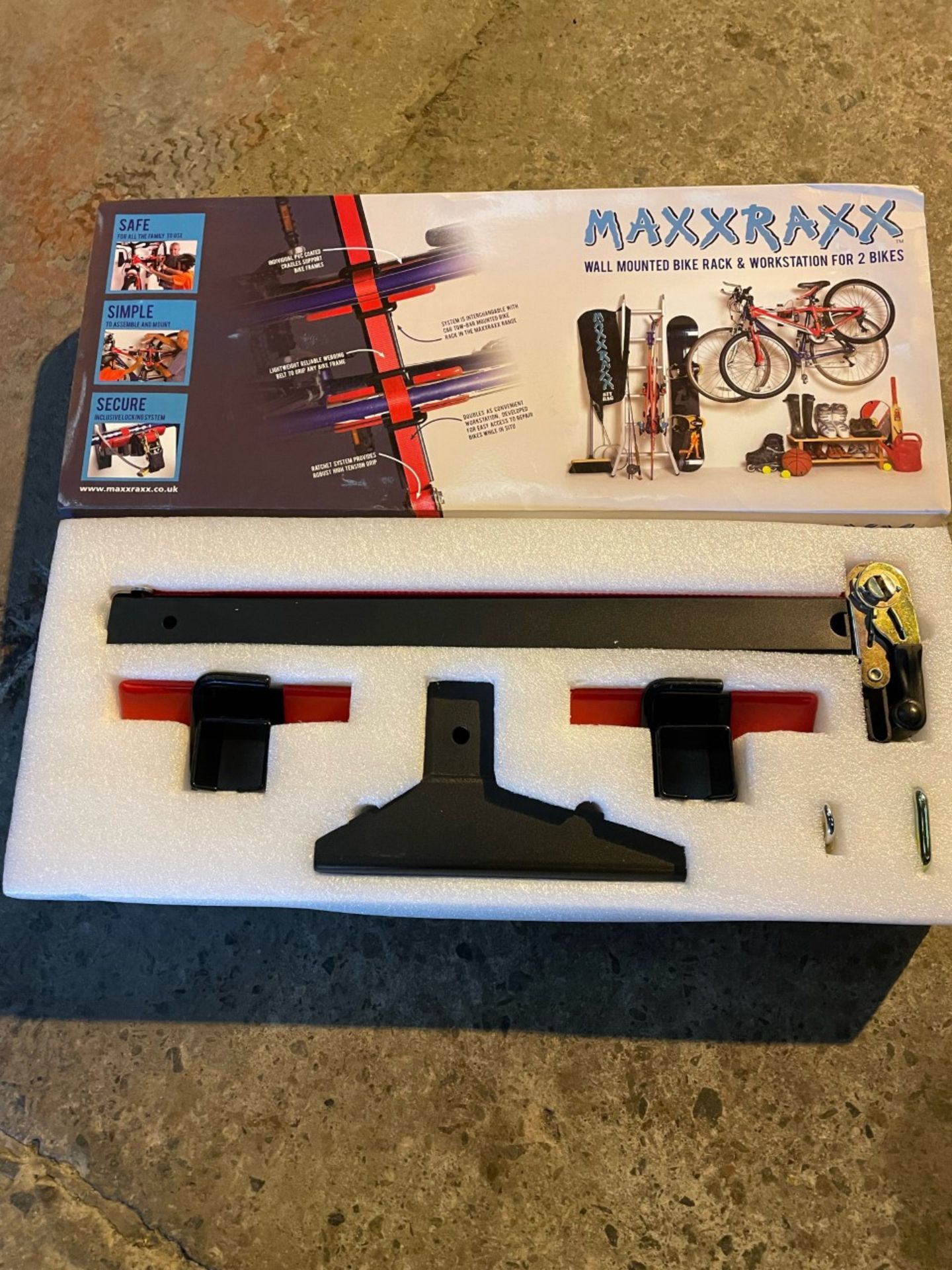 Maxxraxx wall mounted bike rack and work station for 2 bikes. New in box