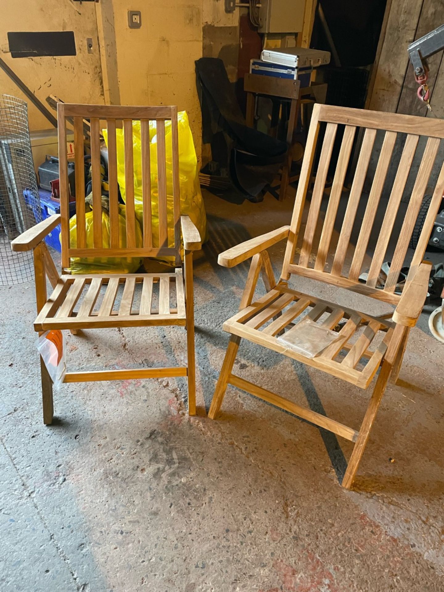 Set of 2 new teak folding reclining armchairs