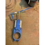 8” cast iron Lever operated knife gate valve. For use on the bottom of hopper or similar. Used but