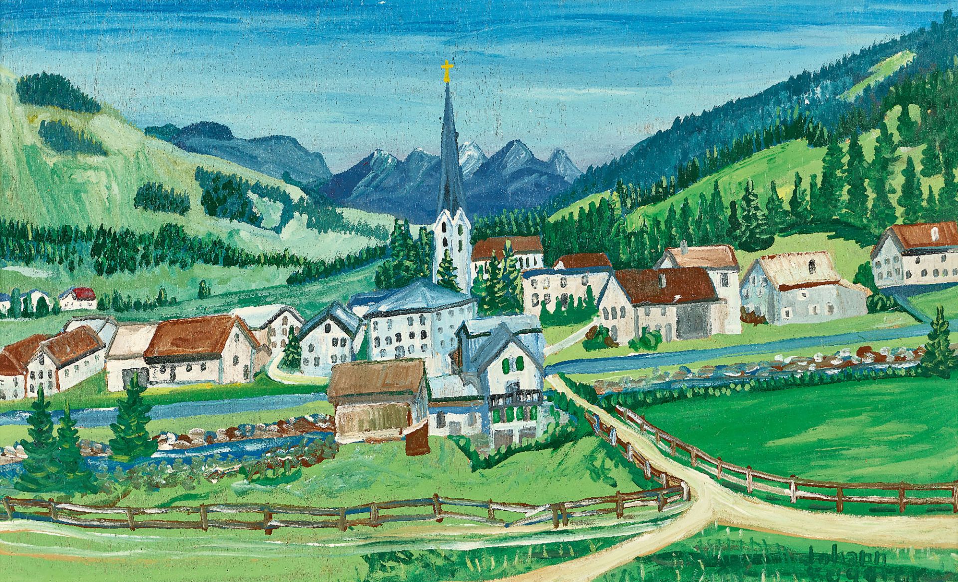 EUGSTER, JOHANN: Dorfansicht mit Kirche.