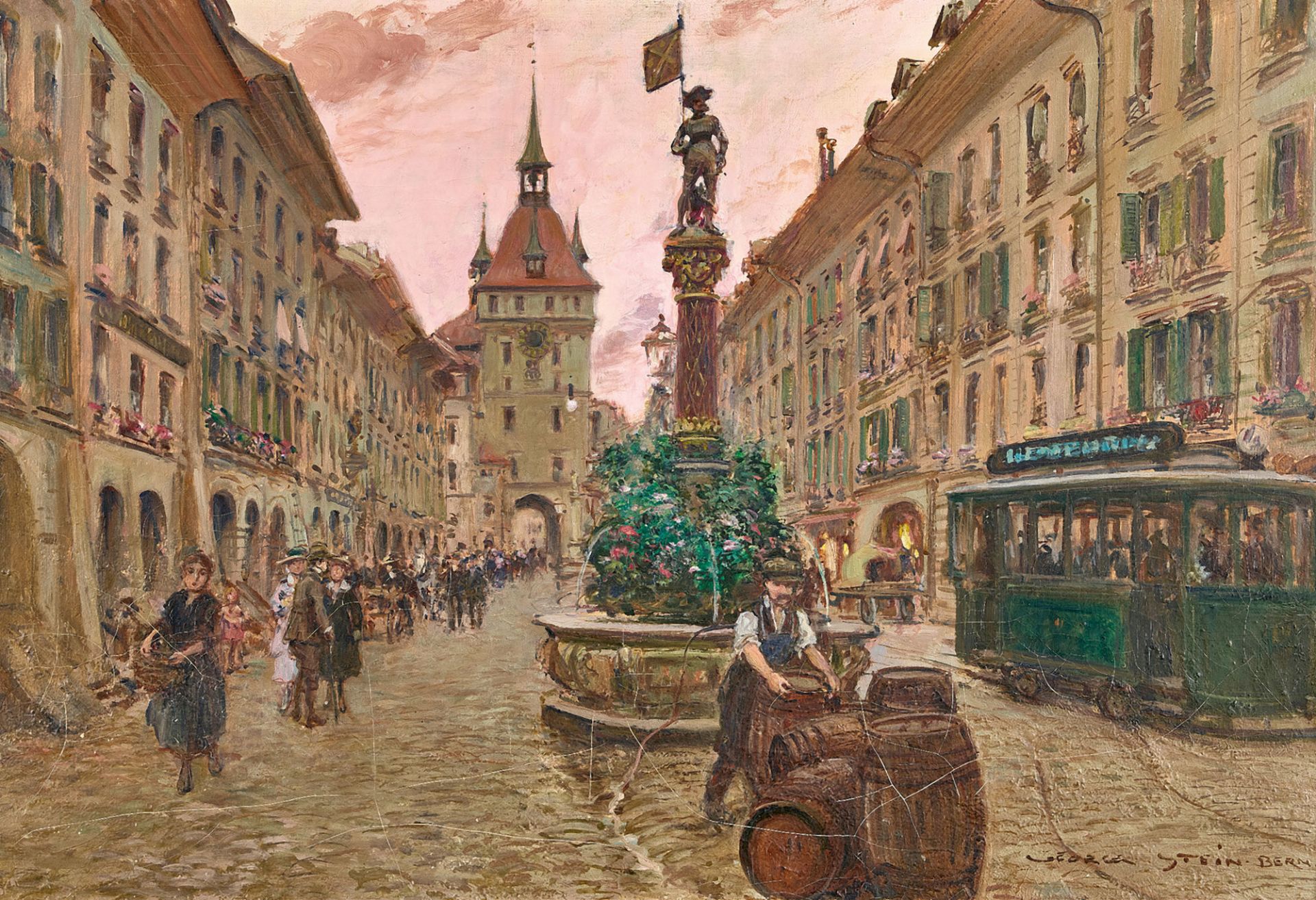 STEIN, GEORGES: Berner Marktgasse mit Schützenbrunnen und Käfigturm.