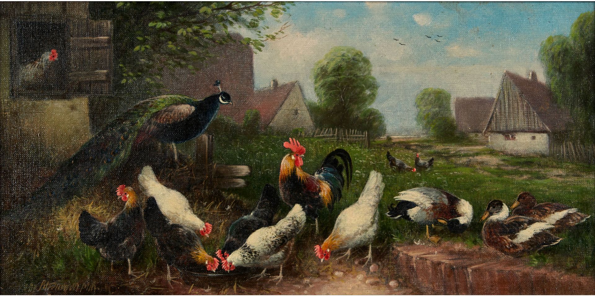 SCHEUERER, OTTO: Hühner, Enten und Pfau auf dem Bauernhof.