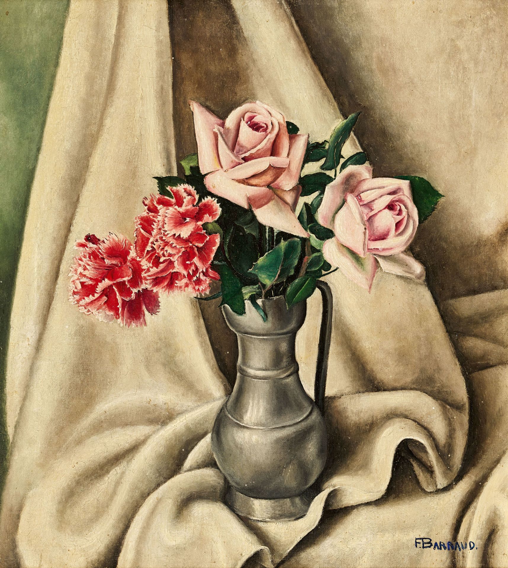 BARRAUD, FRANÇOIS ÉMILE: Stillleben mit Rosen und Nelken in Zinnkanne.