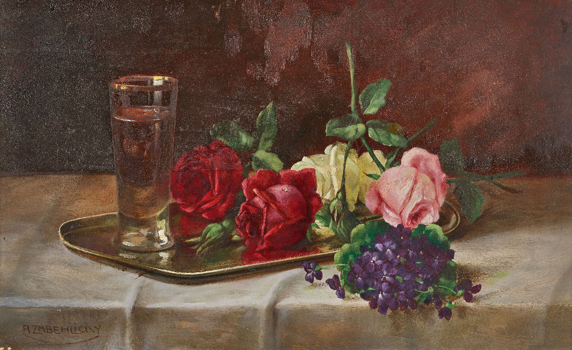 ZABEHLICKY, ALOIS: Stillleben mit Rosen, Veilchen und Glas.