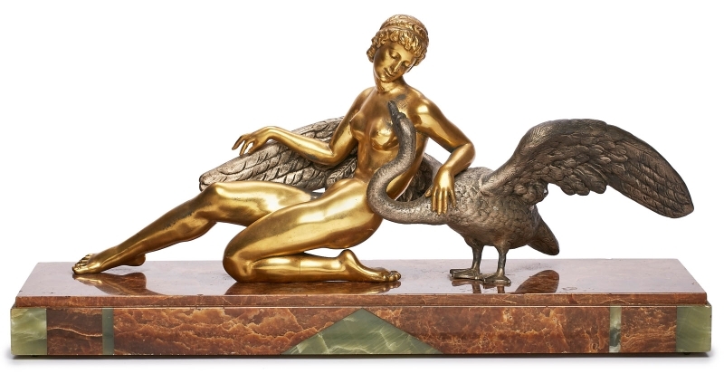 Bronzeskulptur "Leda mit dem Schwan" Art Déco um 1920.