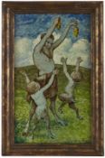 Fayenceplatte "Faune beim Spiel", Jugendstil, Hans Thoma dat. 1900.