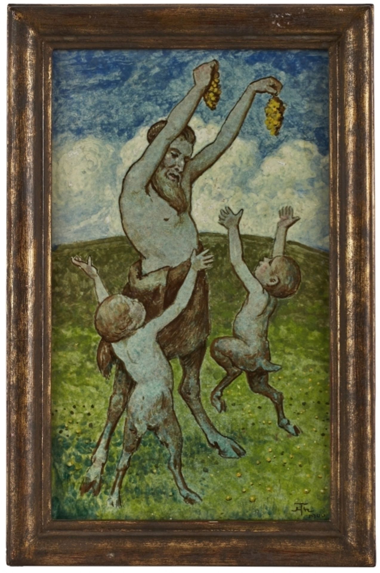 Fayenceplatte "Faune beim Spiel", Jugendstil, Hans Thoma dat. 1900.