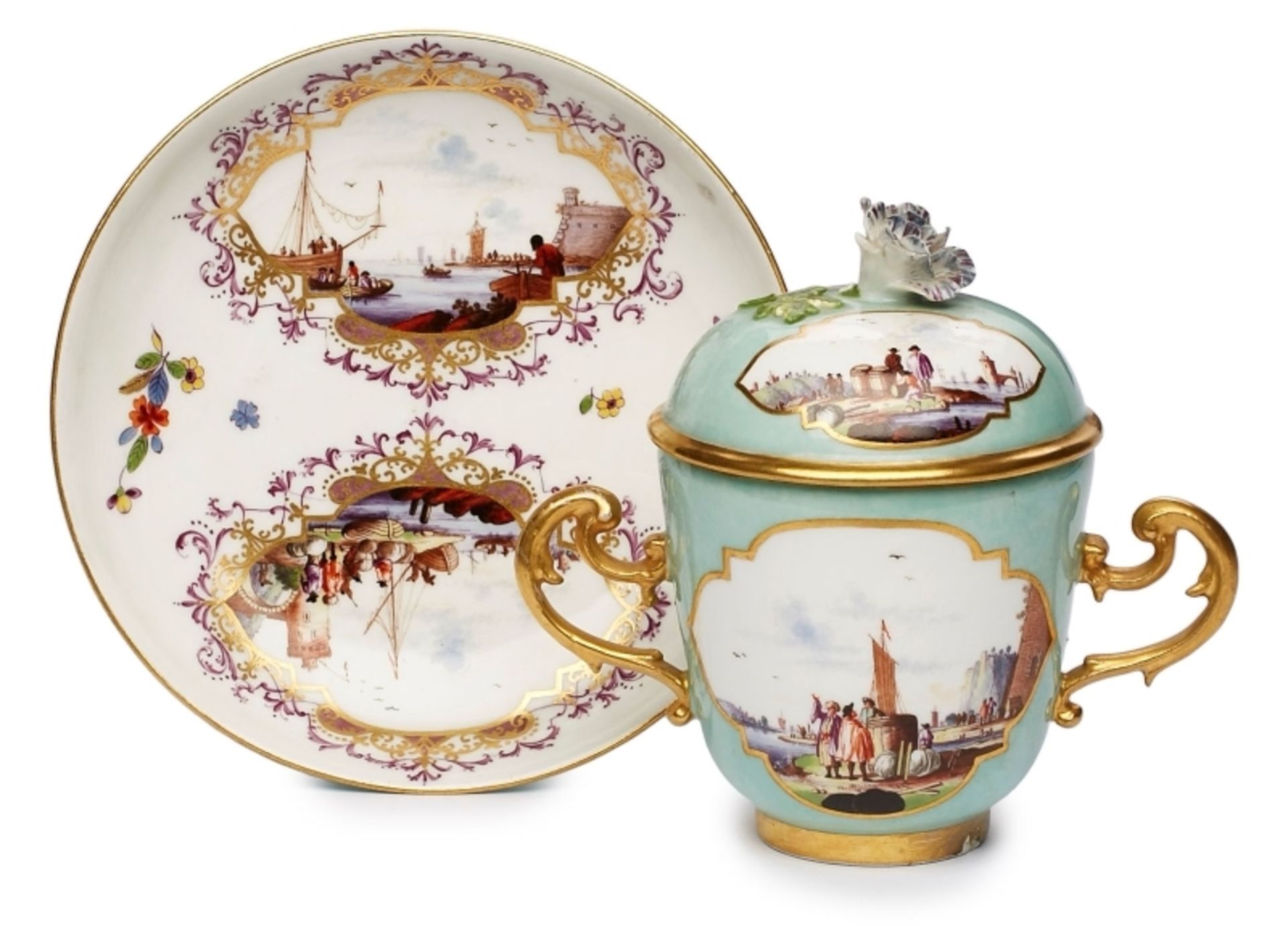 Deckeltasse mit UT "Kauffahrteiszenen", Meissen um 1750.