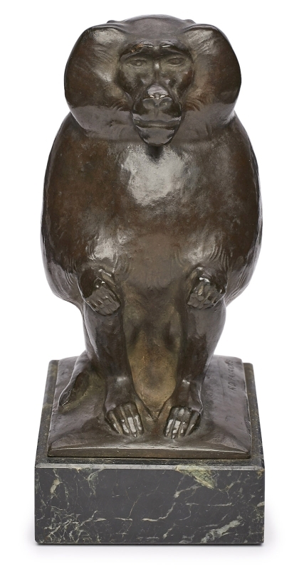 Bronze Richard Wilhelm Daniel Fabricius: Mantelpavian, hockend, um 1900.
