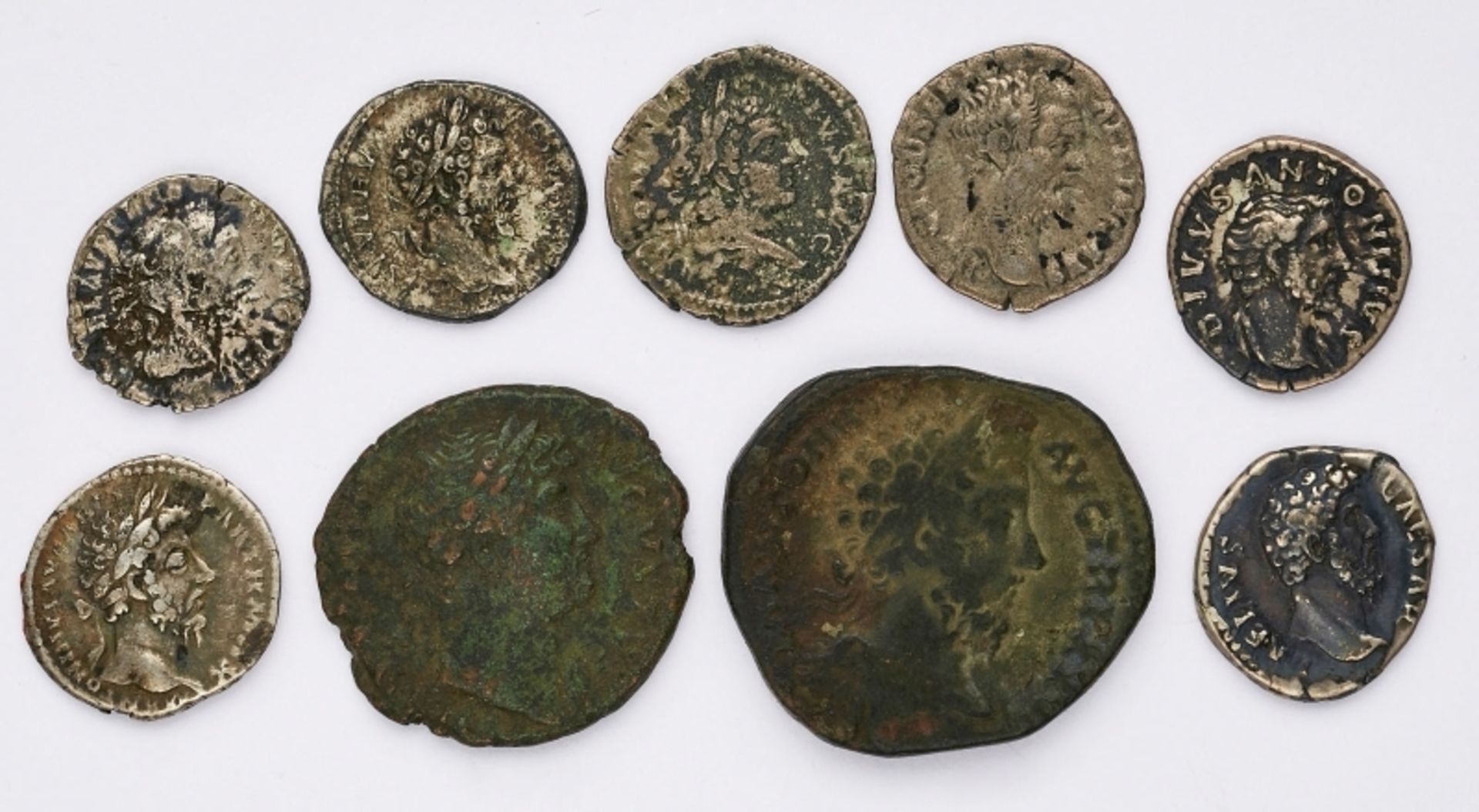 Konvolut v. 9 versch. antiken Münzen d. Röm. Kaiserzeit 2. Jh. n. Chr.
