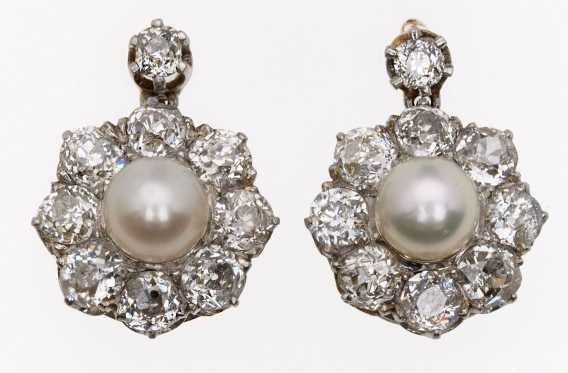 Paar Diamant-Ohrstecker m. Perlen, Jugendstil um 1900