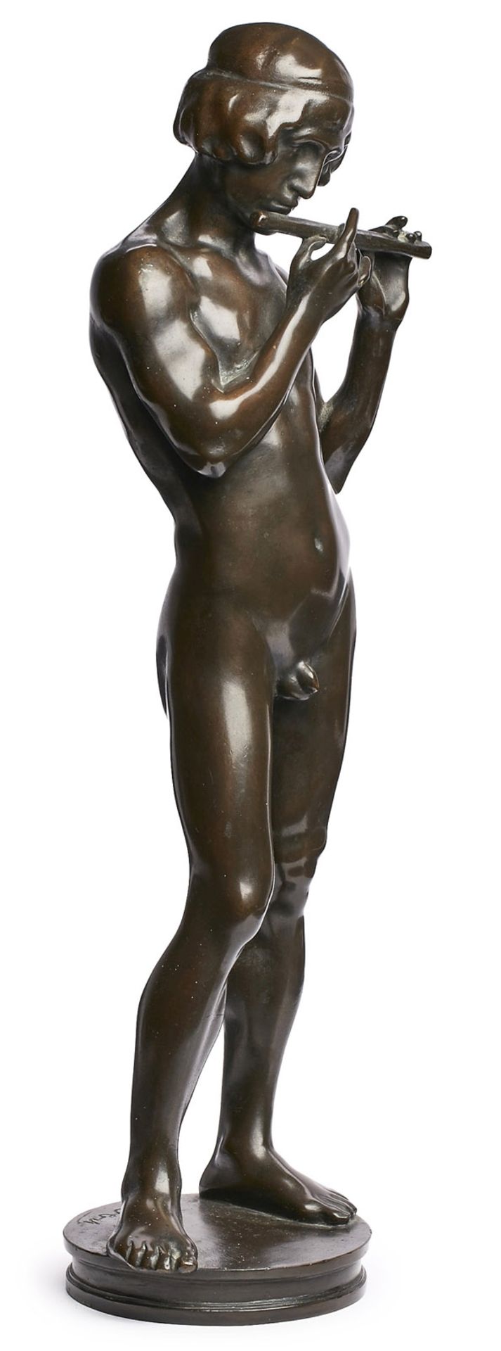 Gr. Bronze Julius Obst: Flötenspieler, Jugendstil, um 1910. - Bild 2 aus 5