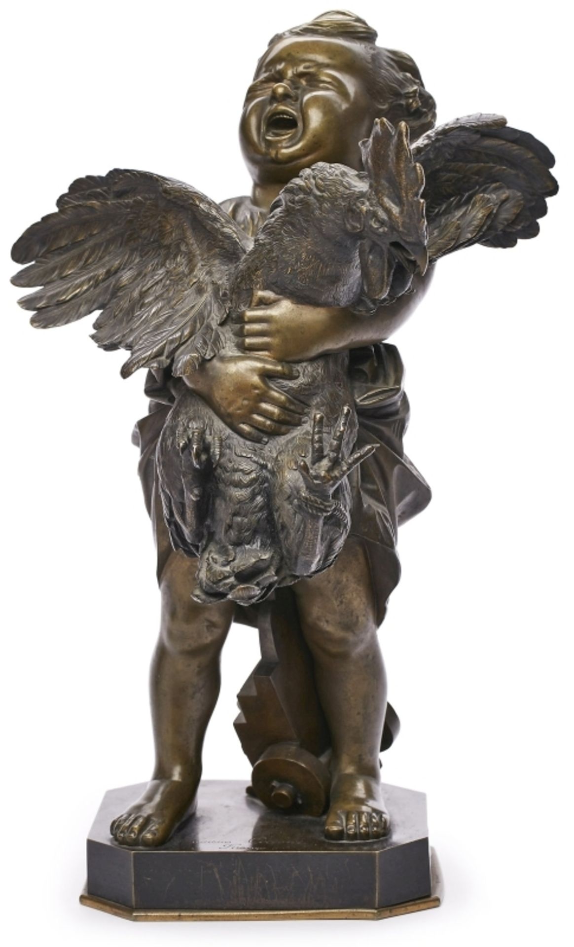 Bronze Adriano Cecioni: Kind mit Hahn, wohl um 1900.