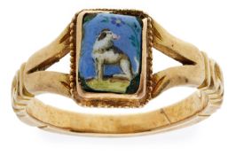 Gold-Ring m. Emaillebildnis "Hund", 19. Jh.