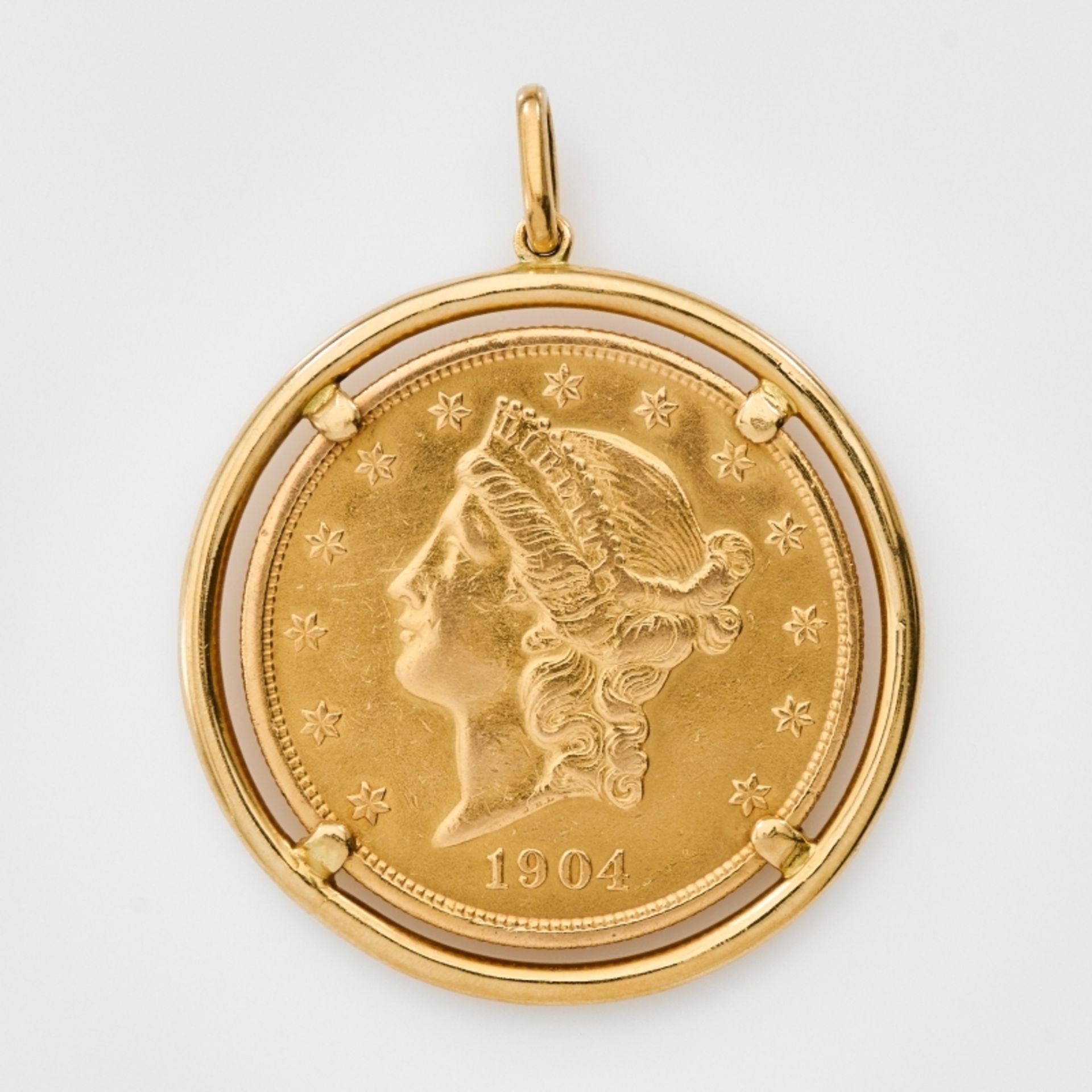 Rd. Anhänger m. Goldmünze "20 Dollars USA Double Eagle Liberty Head 1904"