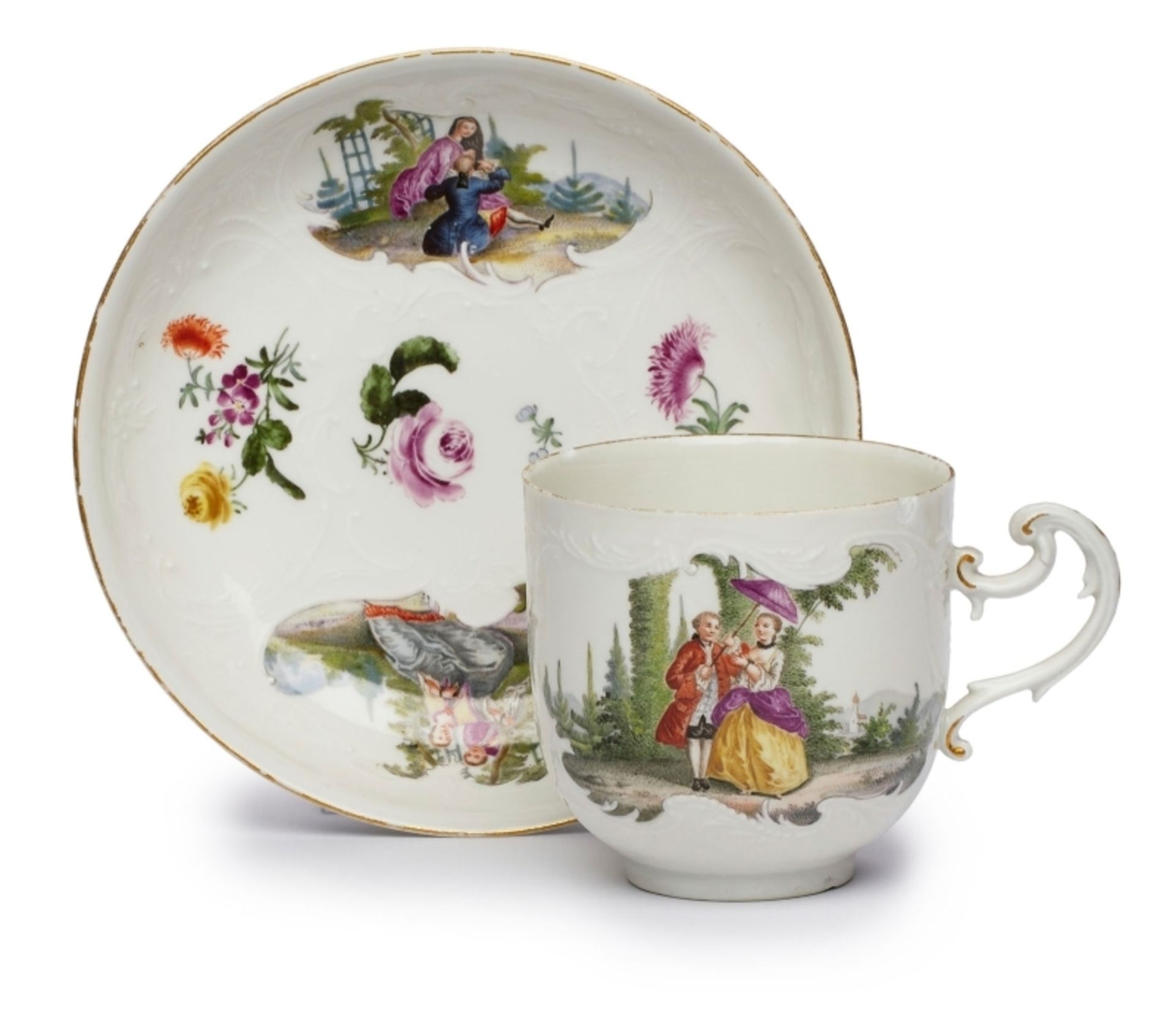 Tasse mit UT "Galanterie im Park", Meissen um 1750.