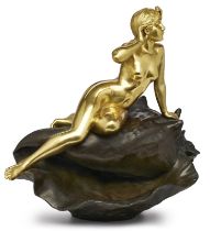 Gr. Bronze Emmanuel Villanis: Venus auf der Muschel, Jugendstil, um 1910.