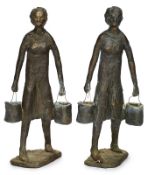 Paar Bronzen Ima Rochelle: Wasserträgerinnen, Mitte 20. Jh.