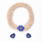 3-tlg. Schmuck-Garnitur m. Perlen, Lapislazuli u. Brillanten