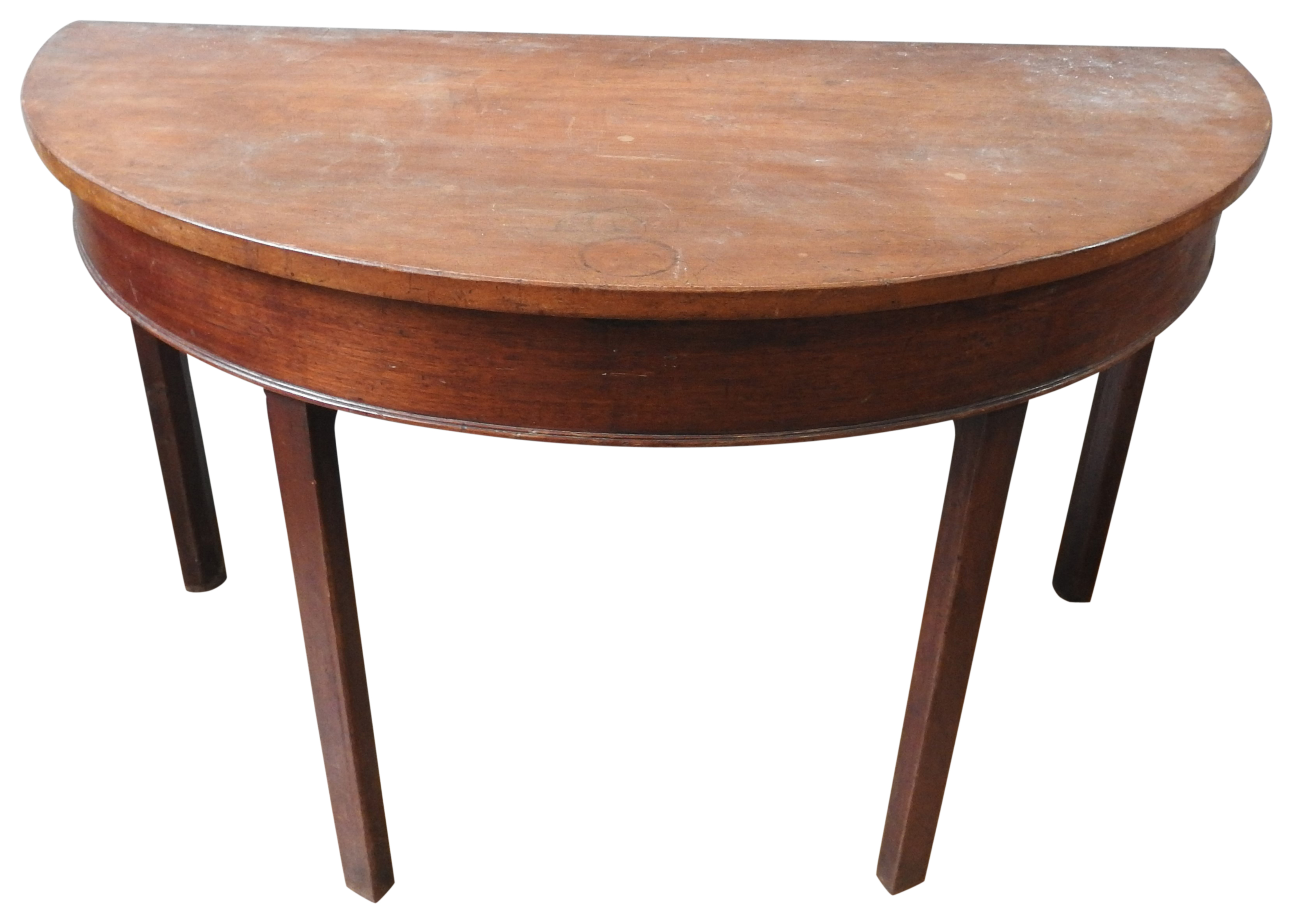 A 19TH CENTURY MAHOGANY DEMI LUNE TABLE,of simplistic form, on four chamfered legs, 71 x 122 x 60 cm