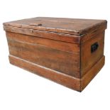 A 19TH CENTURY PINE BLANKET BOX, of simple rustic form, constructed from dove tailed panels, with