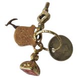 A 19TH CENTURY GOLD CASED CARNELIAN FOB, GOLD CASED MINIATURE BUTTON HOOK, GOLD CASED WATCH KEY