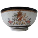 A 19TH CENTURY SAMSON ARMORIAL BOWL, Chinese export style, decorated with heraldic crest, floral