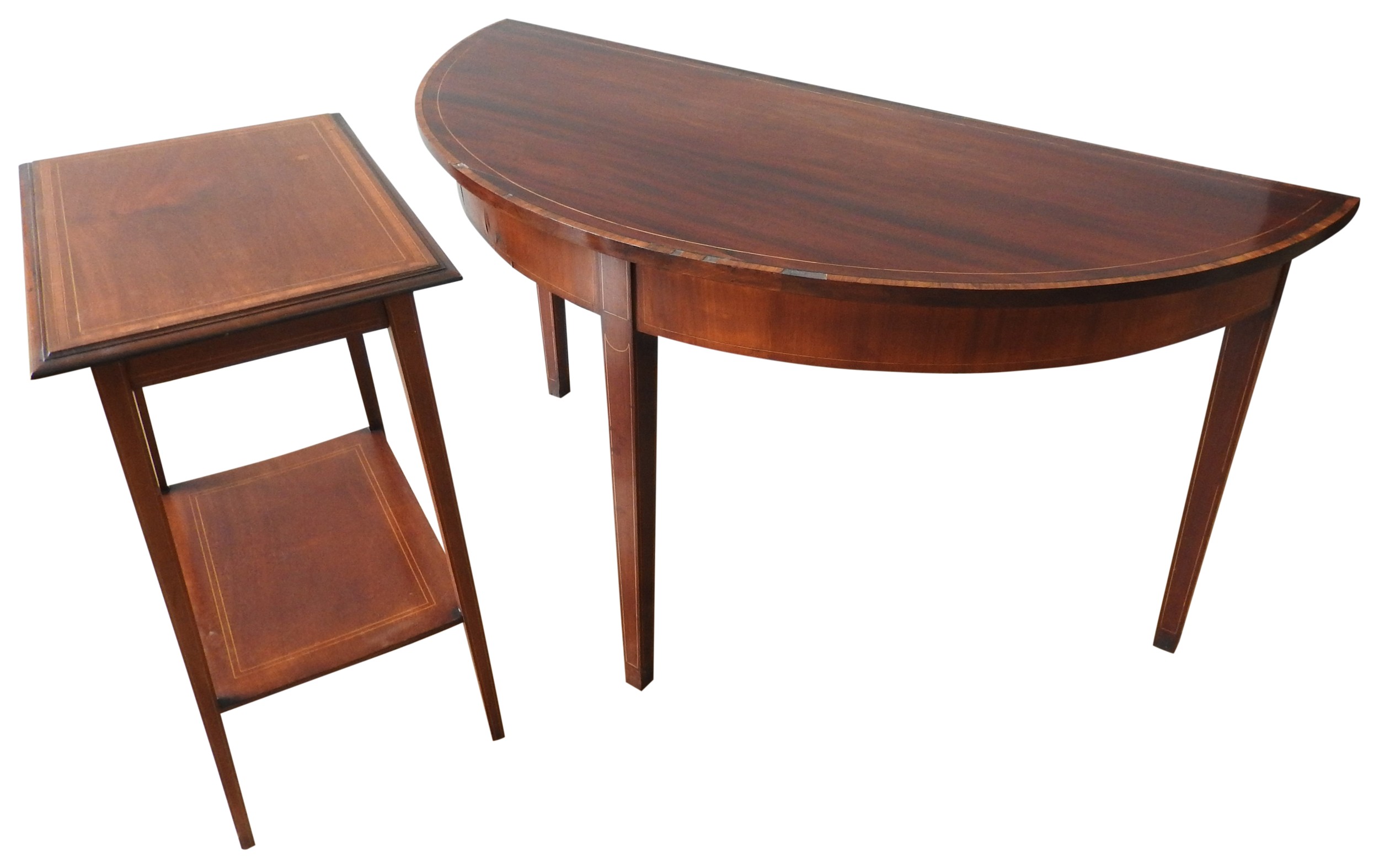 A 19TH CENTURY MAHOGANY STRING INLAID DEMI LUNE TABLE AND A MAHOGANY STRING INLAID LAMP TABLE, the