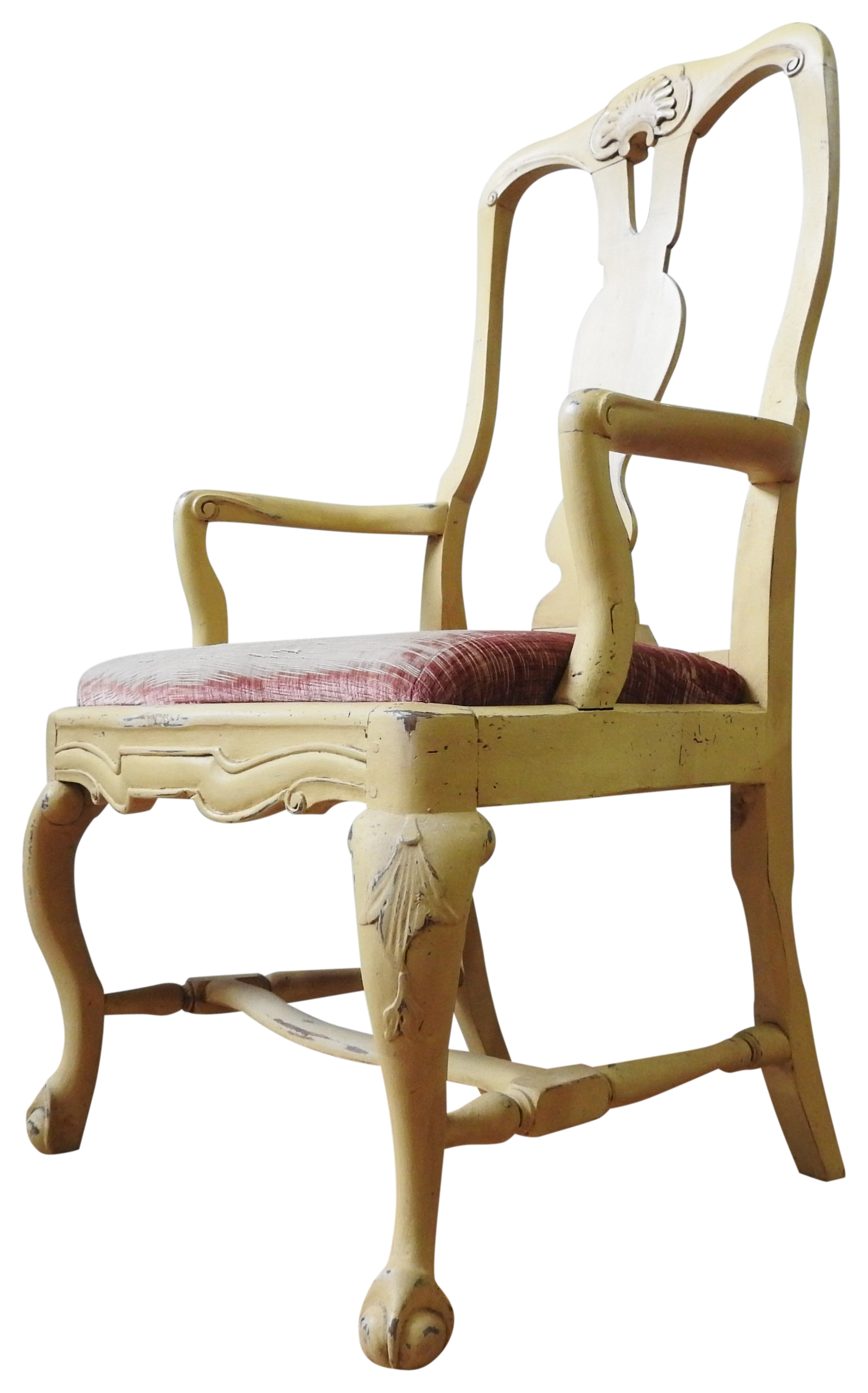 A QUEEN ANNE STYLE ELBOW CHAIR, with pierced vasiform splat and scroll arms, the cabriole legs