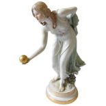 A LARGE MEISSEN PORCELAIN FIGURE OF A ELEGANT LADY BOWLING EARLY 20TH CENTURY after a model by