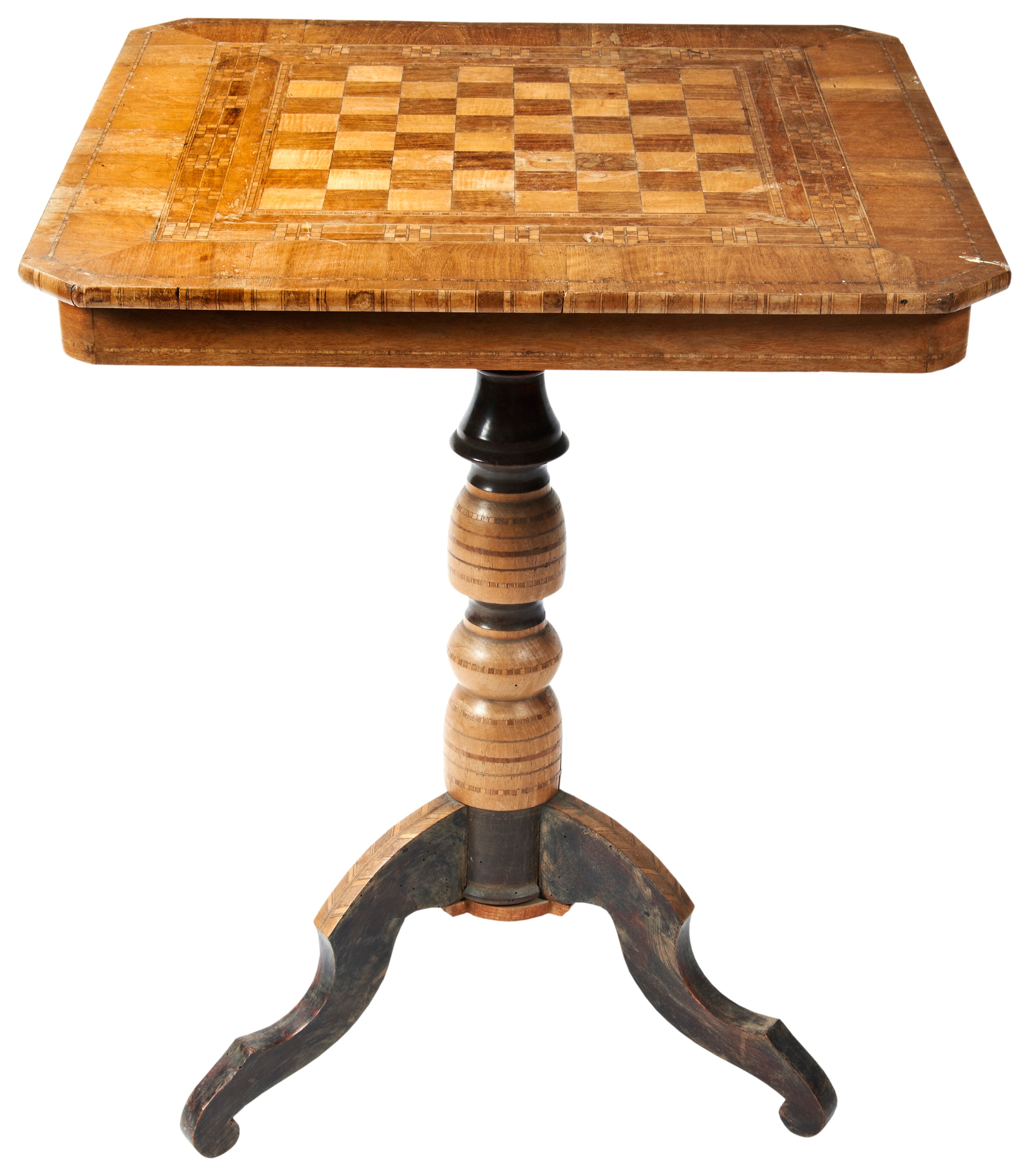 AN ITALIAN SORRENTO TABLE CIRCA 1900 the canted square top with as parquetry games board, raised