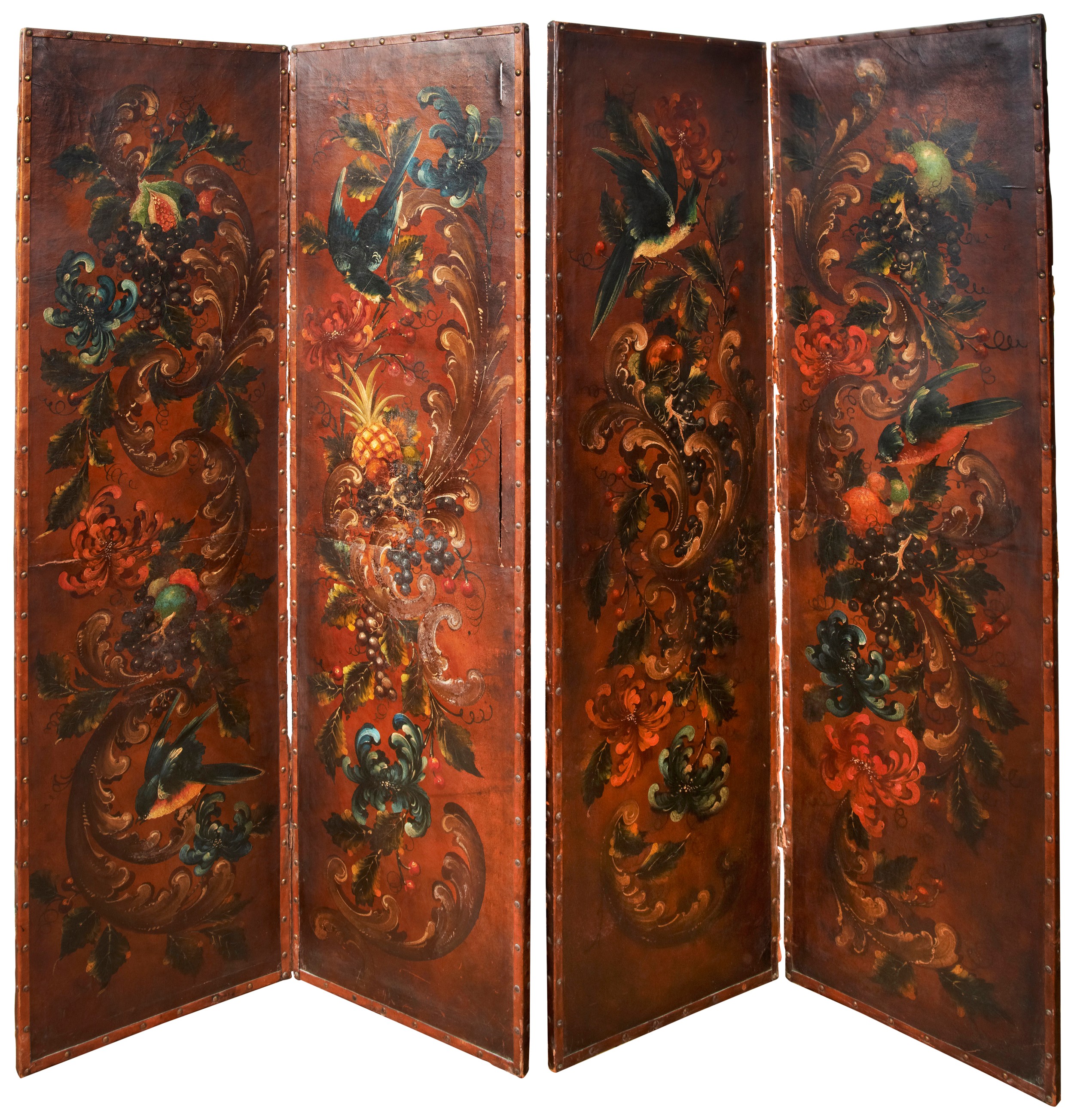 A FOUR FOLD LEATHER PANEL SCREEN, in two sections, vibrant painted decoration depicting songbirds