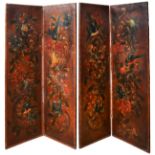 A FOUR FOLD LEATHER PANEL SCREEN, in two sections, vibrant painted decoration depicting songbirds