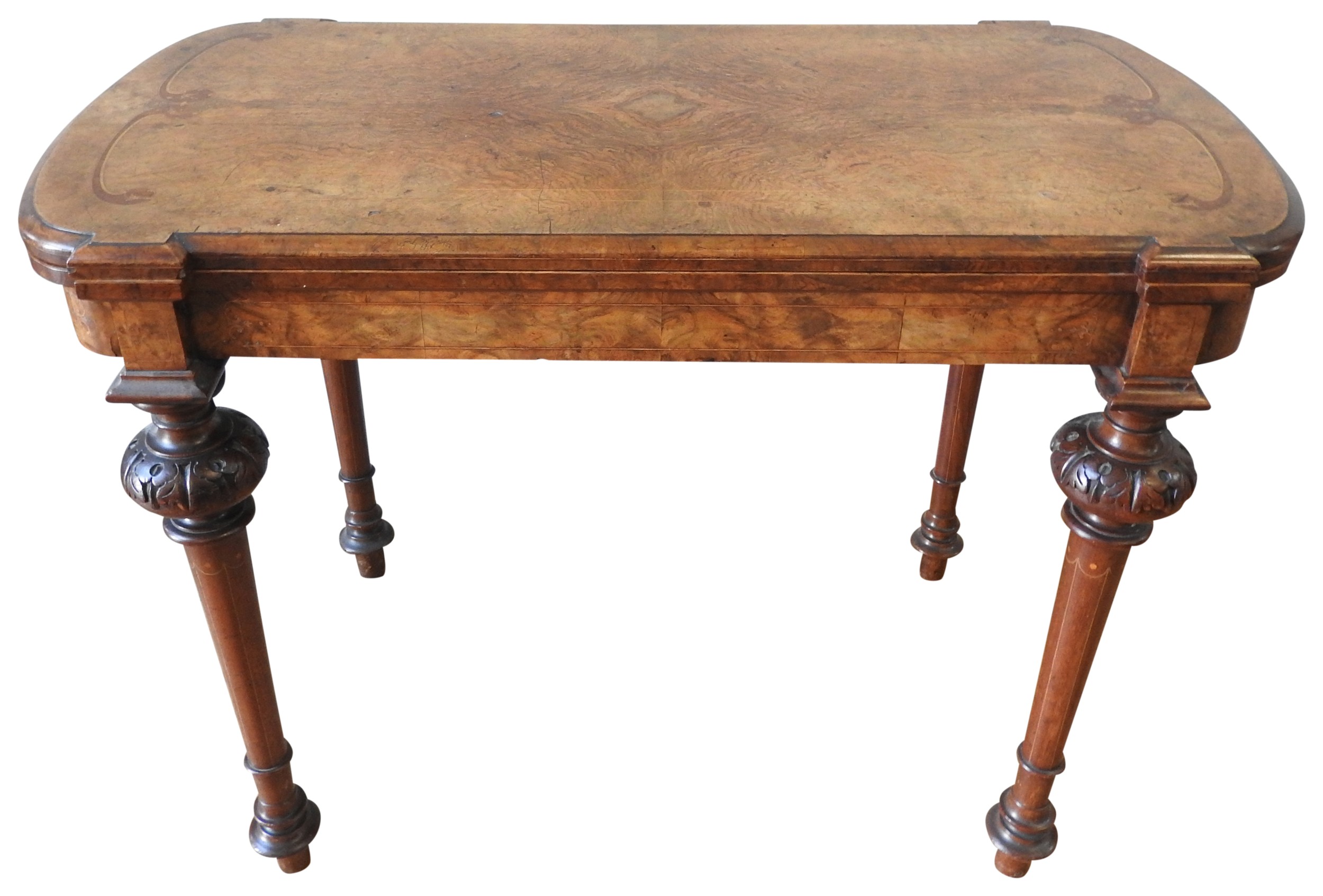 A VICTORIAN BURR WALNUT CARD TABLE, the swivel top folding open to reveal a baize lined interior,