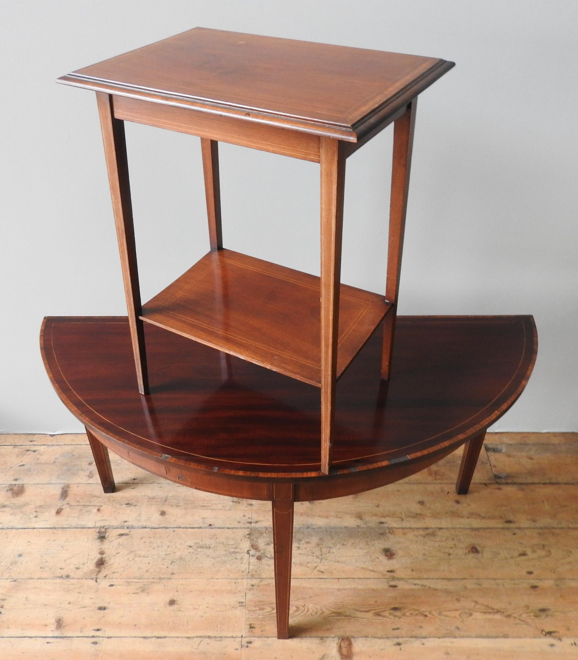 A 19TH CENTURY MAHOGANY STRING INLAID DEMI LUNE TABLE AND A MAHOGANY STRING INLAID LAMP TABLE, the - Image 2 of 3
