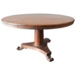 A VICTORIAN STRIPPED PINE AND MAHOGANY TILT-TOP BREAKFAST TABLE, raised on three scroll feet, 68