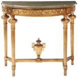 A SWEDISH NEO-CLASSICAL GILTWOOD AND MARBLE TOP DEMI-LUNE CONSOLE TABLE LATE 18TH CENTURY the