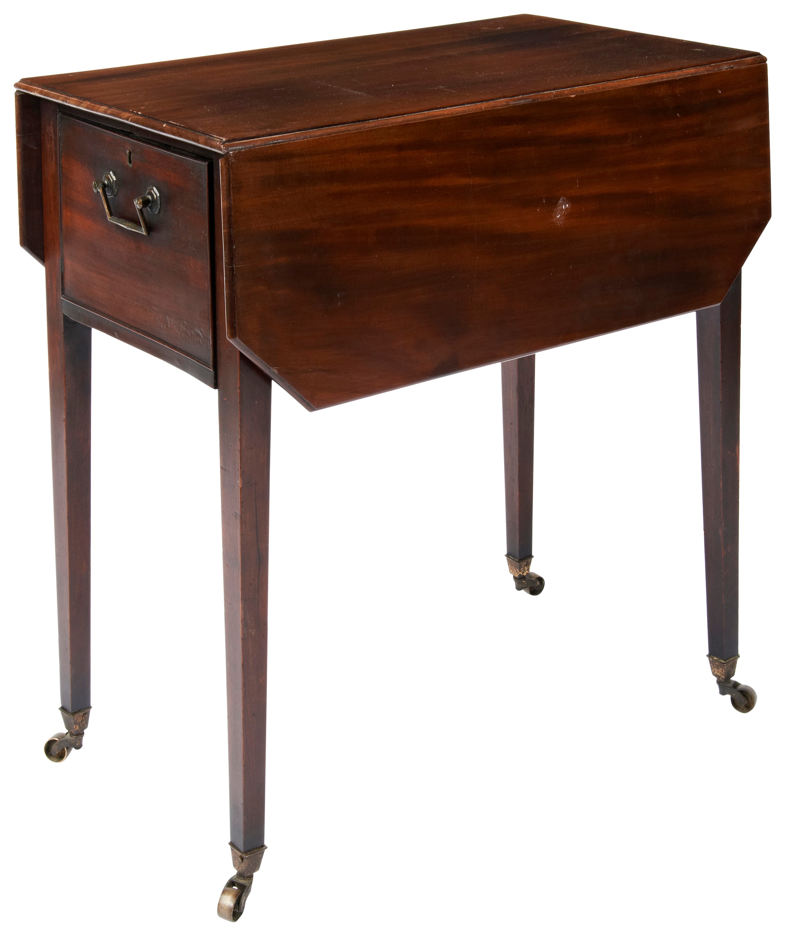 A FINE GEORGIAN MAHOGANY PEMBROKE TABLE, IN THE MANNER OF GILLOWS CIRCA 1800 the drop-leaf canted